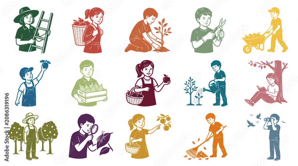 Fototapeta premium Vintage Line Art Vector Set: People Gardening, Farming, and Nature Exploration Illustrations