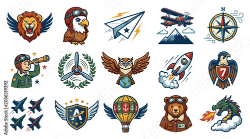 Aviation and Adventure Cartoon Vector Icons Collection for Travel, Exploration, and Flight Themes