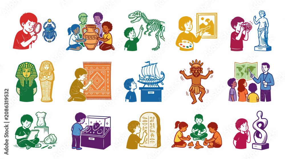 Naklejka premium Flat Vector Museum Education Icons: Kids Learning History, Art, and Culture Activities