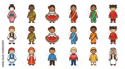 Diverse Children in Traditional Outfits, Vector Stock, Flat Style