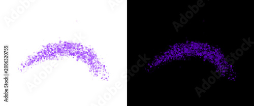 Purple glitter dust splash in curved arc shape, sparkling violet powder explosion on white and black background, shimmering cosmetic pigment particles