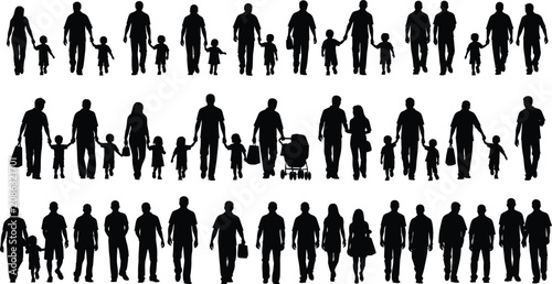 Photos Silhouette family walking vector illustration with parents, children, stroller a