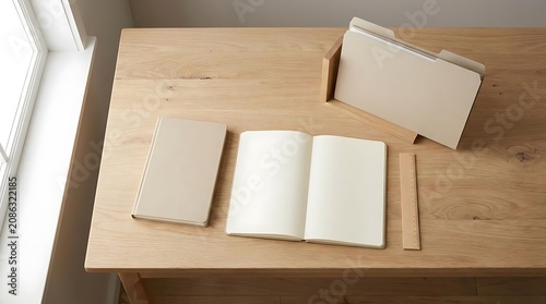Open notebook and file folder on a wooden desk by a window