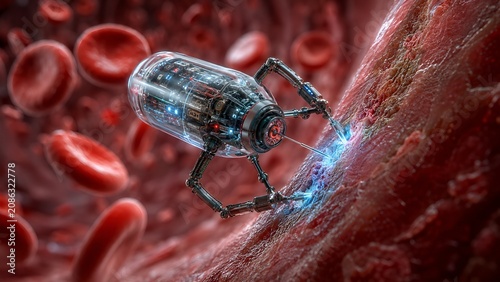 Futuristic medical nanobot performing cellular repair inside human blood vessel surrounded by red blood cells