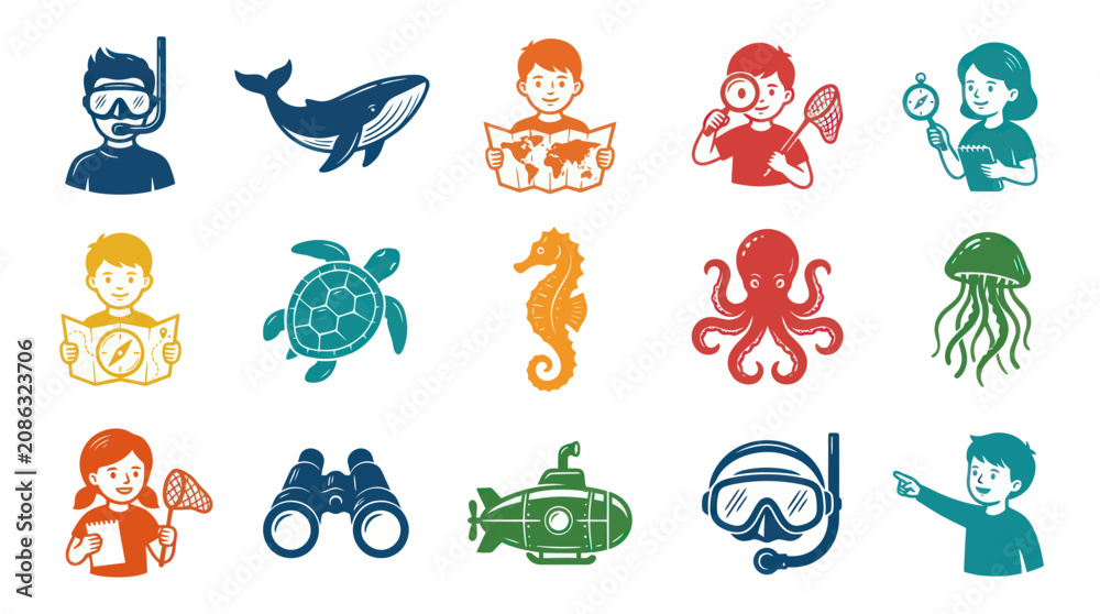 Fototapeta premium Ocean Exploration and Marine Life Textured Glyph Icons for Kids Adventure and Education