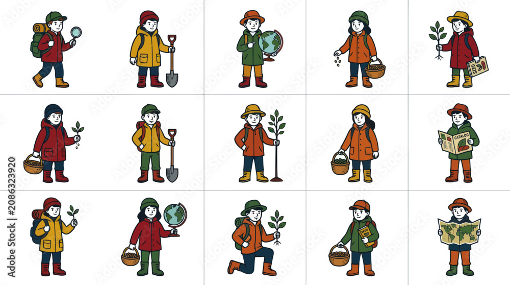 Obraz premium Kids Exploring Nature, Gardening, and Environmental Education - Cartoon Vector Illustration Set
