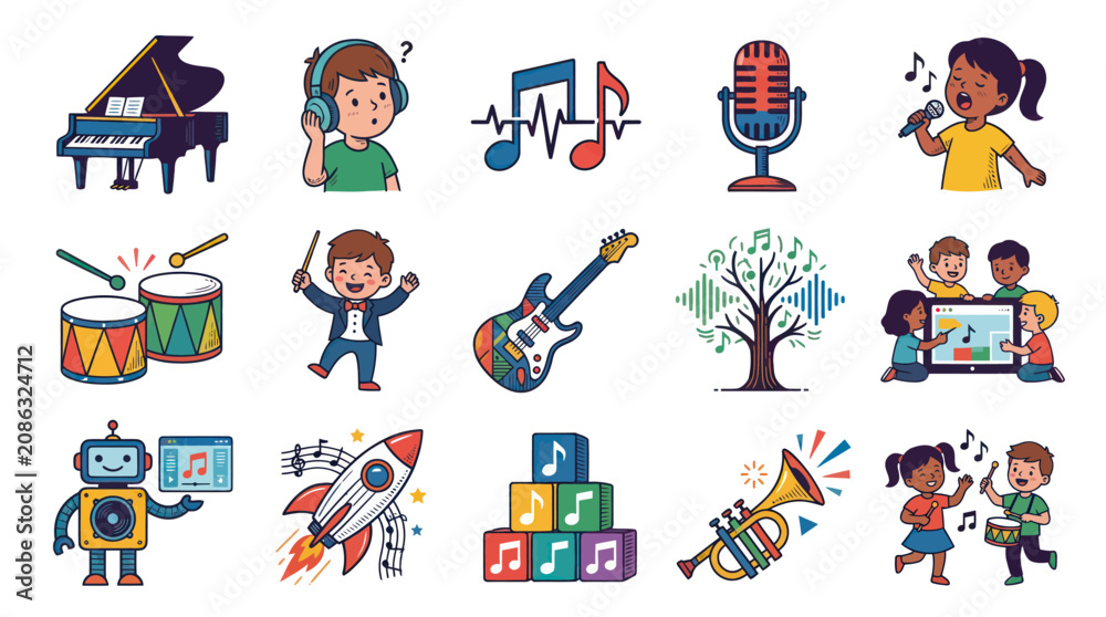 Fototapeta premium Music Learning Education Flat Vector Illustration Set with Instruments, Kids and Musical Notes