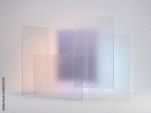 Minimalist abstract composition of overlapping frosted glass panels with pastel orange, purple, and blue gradient lighting