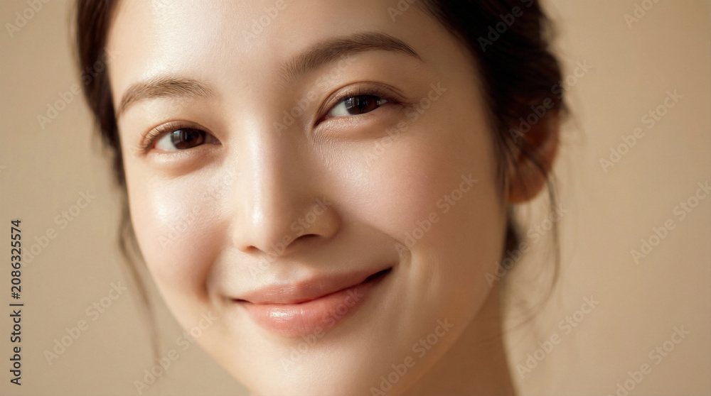 Fototapeta premium ベージュの背景で優しく微笑むナチュラルメイクの日本人女性