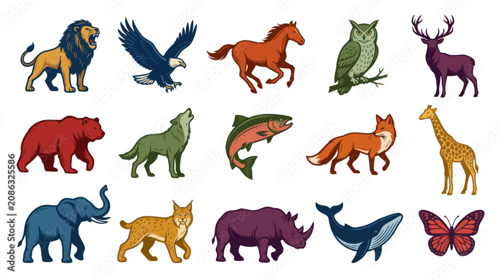 Obraz premium Colorful Cartoon Animal Icons Set. Vector Wildlife Characters, Mammals, Birds, Fish, and Insect Illustrations.