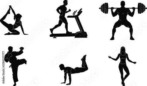 Fotografie Silhouettes of athletes exercising, yoga stretching, treadmill running, weightli