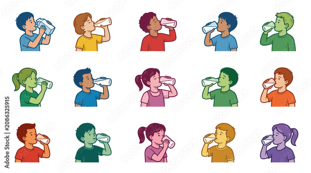 Fototapeta premium Kids Drinking Water From Bottles Boxes, Flat Vector Illustration