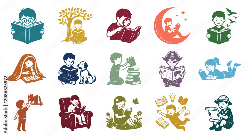 Obraz premium Kids Reading Books Glyph Vector Illustrations Set - Childhood Education and Literacy Concepts