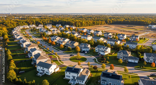 Aerial view of modern residential cul de sac in quiet suburban community