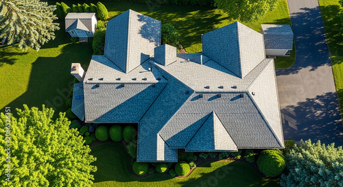 Top down aerial view of large luxury residential house roof and driveway