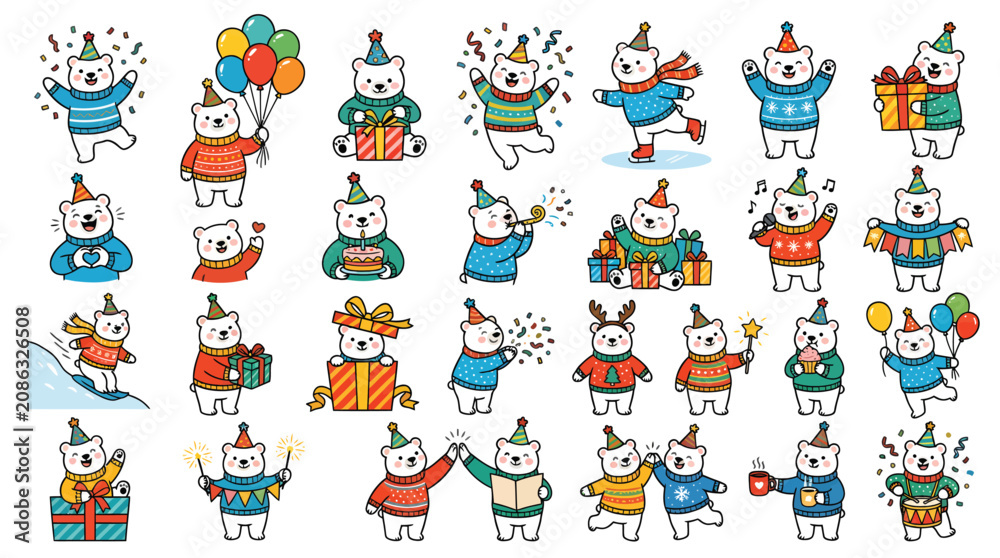 Obraz premium Set of cute polar bear characters celebrating holidays with gifts balloons and festive winter sweaters vector illustration