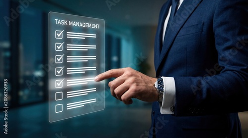 Businessman interacting with holographic task management interface, futuristic productivity tool displaying checklist and progress tracking, digital workflow optimization