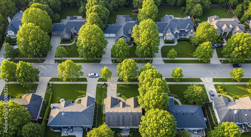 Upscale residential street with large houses and lush green trees