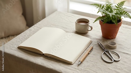 Open notebook pen cup of coffee and plant on table