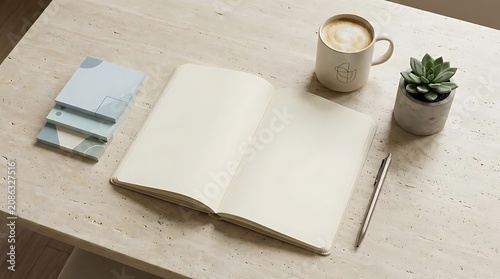 Open notebook with coffee and plant on a textured surface