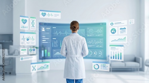 Female doctor analyzing comprehensive patient health data on large interactive dashboard display in modern medical office for telemedicine and diagnostics.