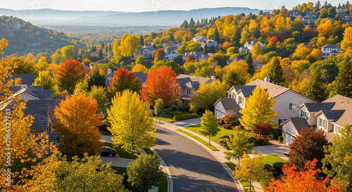 Aerial view of a suburban neighborhood during the beautiful autumn