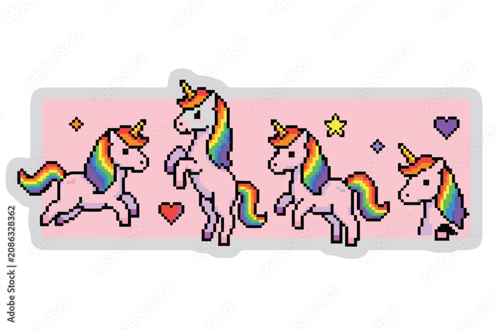 Fototapeta premium Unicorns with hearts and stars on pink