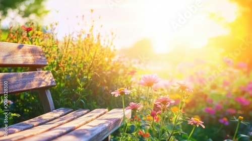 Wooden bench in a vibrant flower garden bathed in warm sunlight