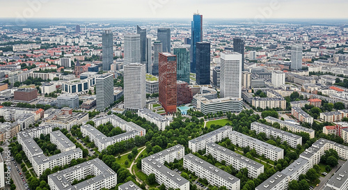 Aerial view of modern city skyline with dense residential buildings