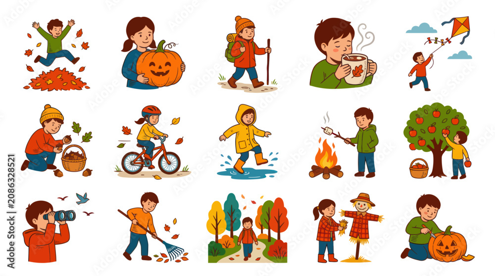 Fototapeta premium Autumn Activities for Kids: Children Enjoying Fall Season Fun - Flat Vector Art