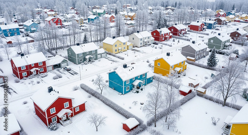 Winter landscape with colorful houses covered in fresh white snow