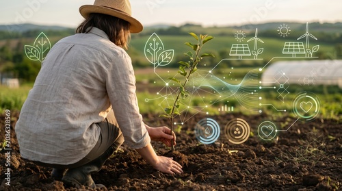 Smart agriculture and sustainable farming concept, farmer planting seedling with digital overlay, organic food production, eco-friendly gardening