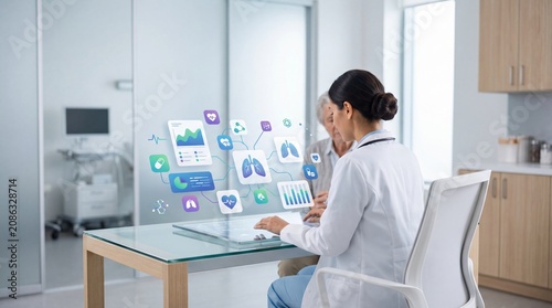 Female doctor using tablet with futuristic holographic interface showing lungs heart and medical stats