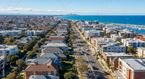 Coastal road leading to a distant city skyline across the ocean