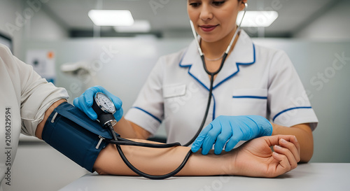 Medical professional taking blood pressure of a patient in a clinic setting