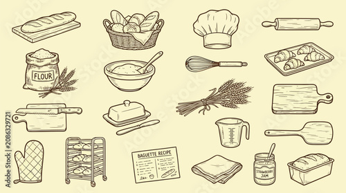 Collection of hand-drawn baking and cooking elements, including bread, pastries, ingredients, and tools.