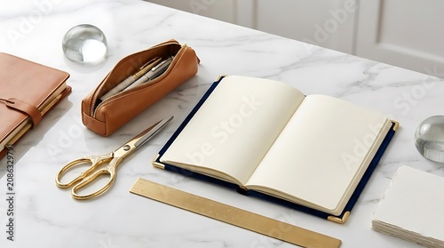 Open notebook with writing tools and accessories on desk