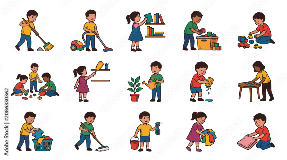 Fototapeta premium Flat Vector Illustration Set of Children Learning Home Chores, Household Tasks, and Responsibilities