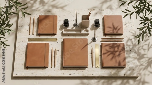 Organized workspace essentials with natural light shadows