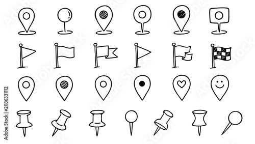 Foto Collection of handdrawn map location markers and push pins for navigation and de