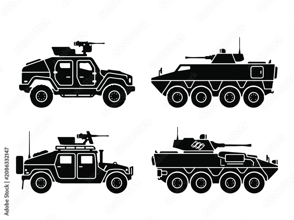 Fototapeta premium Collection of military vehicles including armored trucks and tanks in black and white illustrations for defense