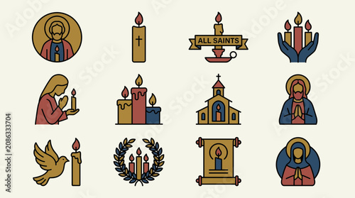 Fotografie All Saints Day Candle Saint Vector Icon Set
