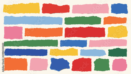 Tableau sur toile Collection of colorful torn paper rectangles in a random arrangement on a light