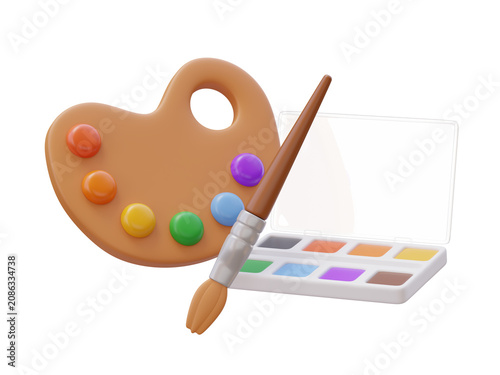 3D Paint Palette, Brush and Watercolor Illustration
