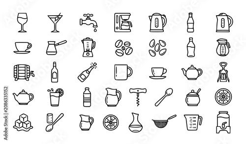 Fotografie Thin Line Beverage Icons Collection with Wineglass Cocktail Coffee Maker Kettle