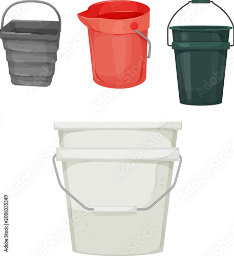 Принти на полотні Assortment of multi colored plastic buckets with handles and varying designs, in
