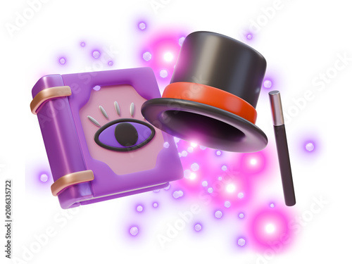 Magic book top hat and wand enchanted magician fantasy illustration