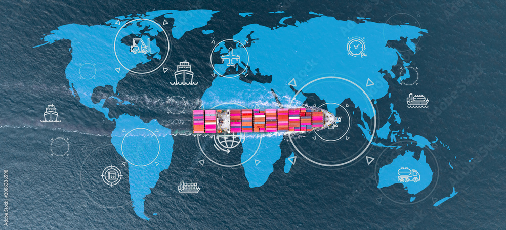 Fototapeta premium Aerial view container cargo ship with world map network, Container cargo ship in import export logistic freight shipping, Business logistics transportation international by container cargo ship.