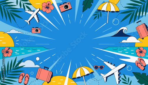 Cuadro en lienzo Summer vacation, travel icons, beach elements, vector illustrations, tropical ge