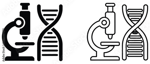Photos Laboratory microscope and DNA icon set featuring genetics research, molecular bi